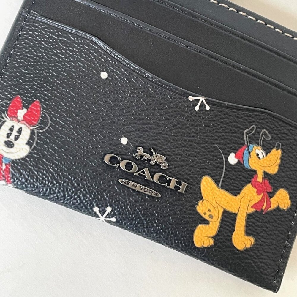 Disney x Coach Slim ID Card Case Holiday CN032 Black Leather Minnie Pluto ORGPKG - Picture 5 of 8